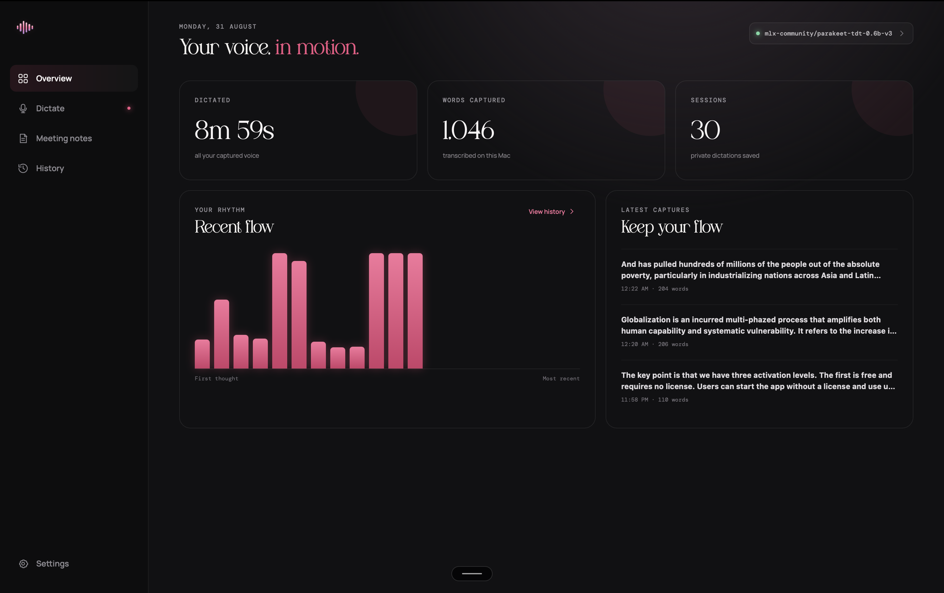 Macaw desktop dashboard showing dictation history and private local transcription.